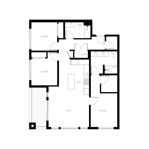 Floor plan for 3 beds, 2 baths, 1195 sqft